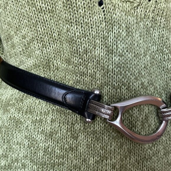 Chico's Size SM Black Slider Adjustable Leather Belt with Oval Silvertone Buckle - Picture 8 of 16